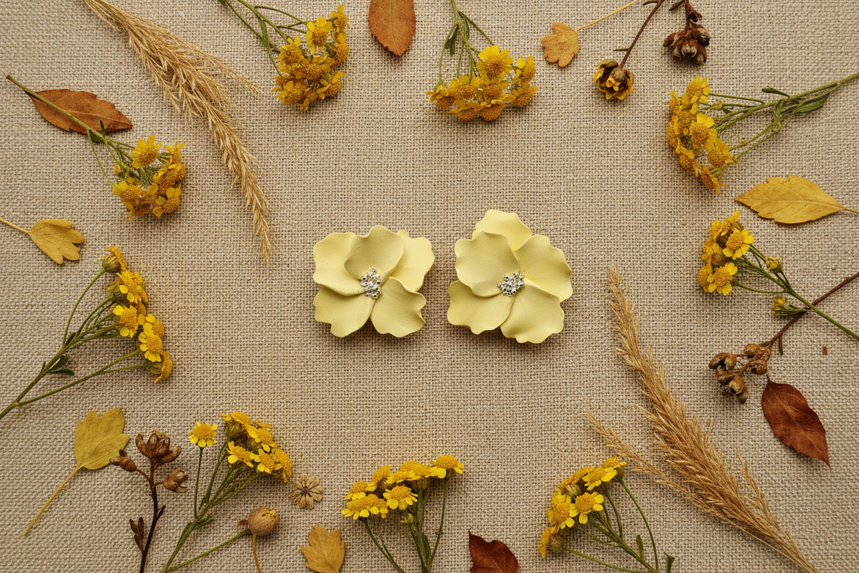 Autumn Petal Studs in Lemon Grass flat lay with dried grasses and yellow wildflowers on linen, handmade polymer clay earrings from Crafty Larder's Harvest & Dusk Collection