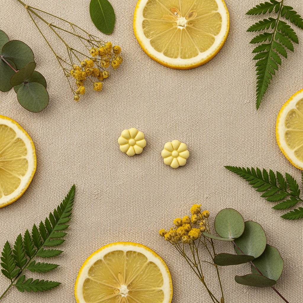 Dahlia Studs in Lemon Grass flat lay with dried yellow wildflowers and green leaves on warm linen, handmade polymer clay earrings from Crafty Larder's Harvest & Dusk Collection