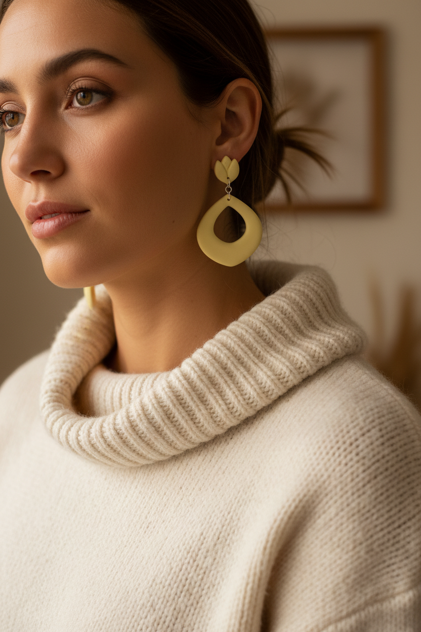 Model wearing Crafty Larder Tulip Loop Earrings in Lemon Grass — handmade polymer clay dangle earrings in soft pale creamy yellow, styled with a cosy neutral knit
