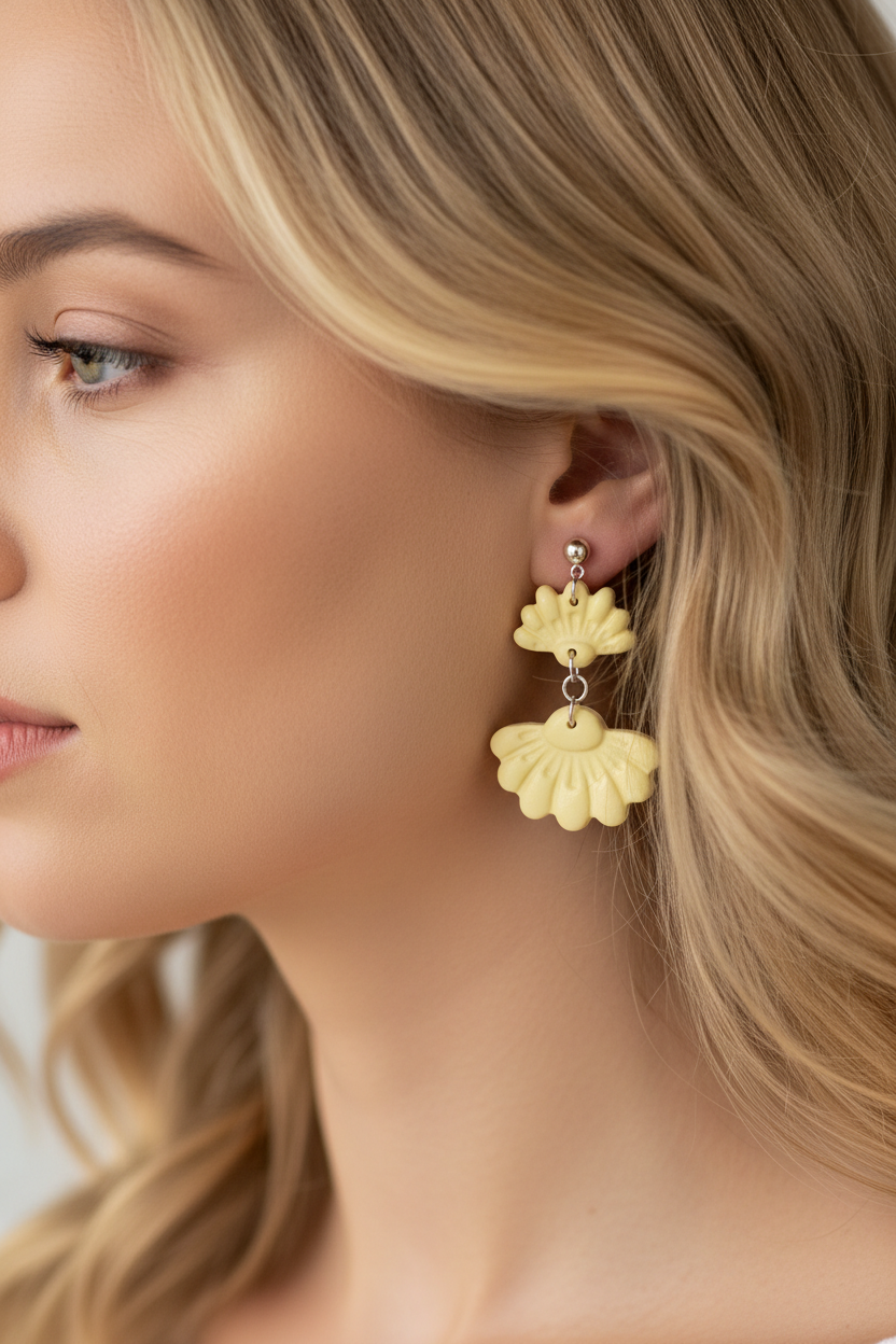 Close up of model wearing Crafty Larder Petal Tier Earrings in Lemon Grass — handmade polymer clay two-tiered fan-shaped ruffled drop earrings in soft butter yellow