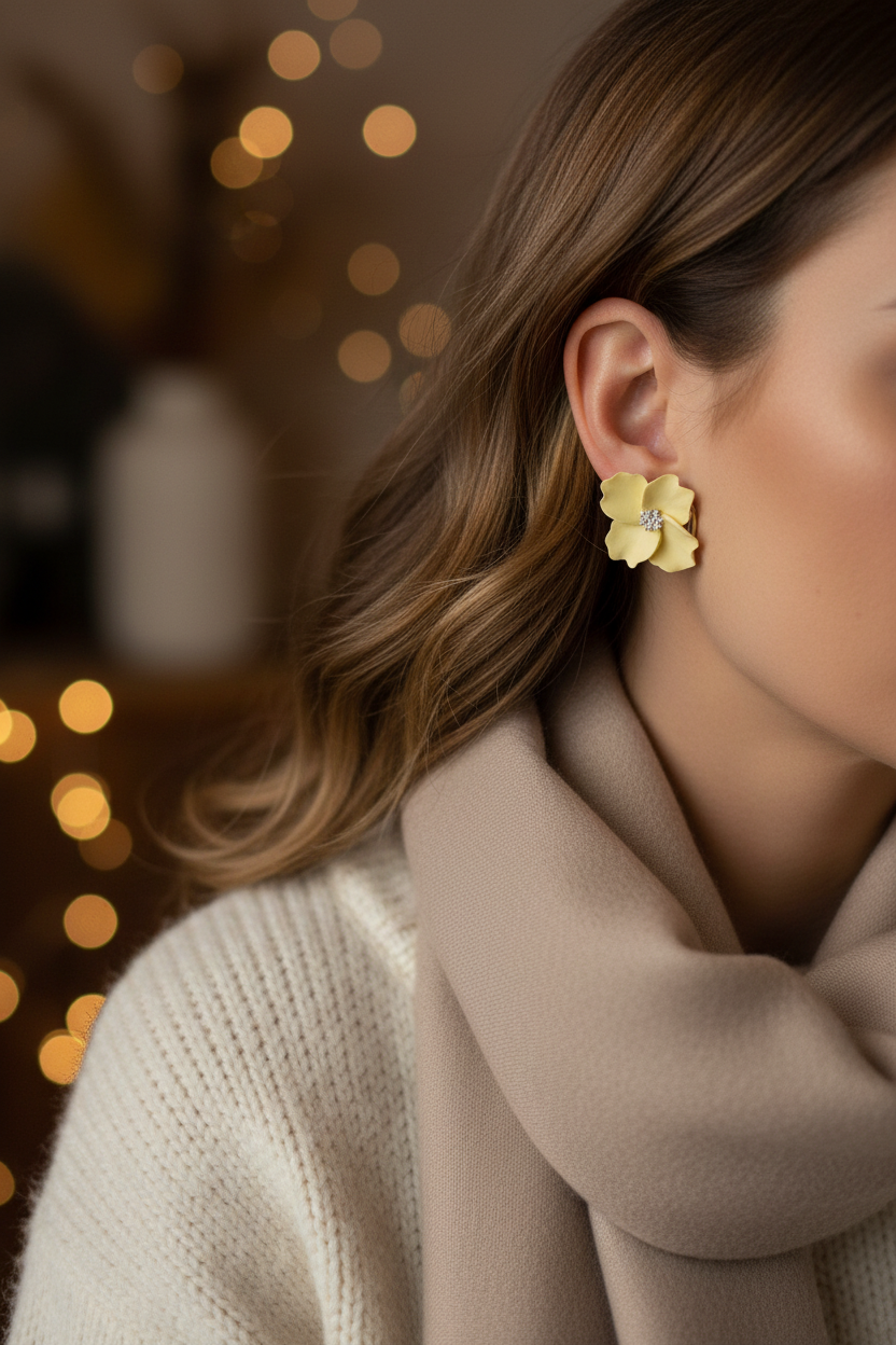 Woman wearing Autumn Petal Studs in Lemon Grass yellow, large polymer clay floral studs with silver centre, handcrafted in New Zealand