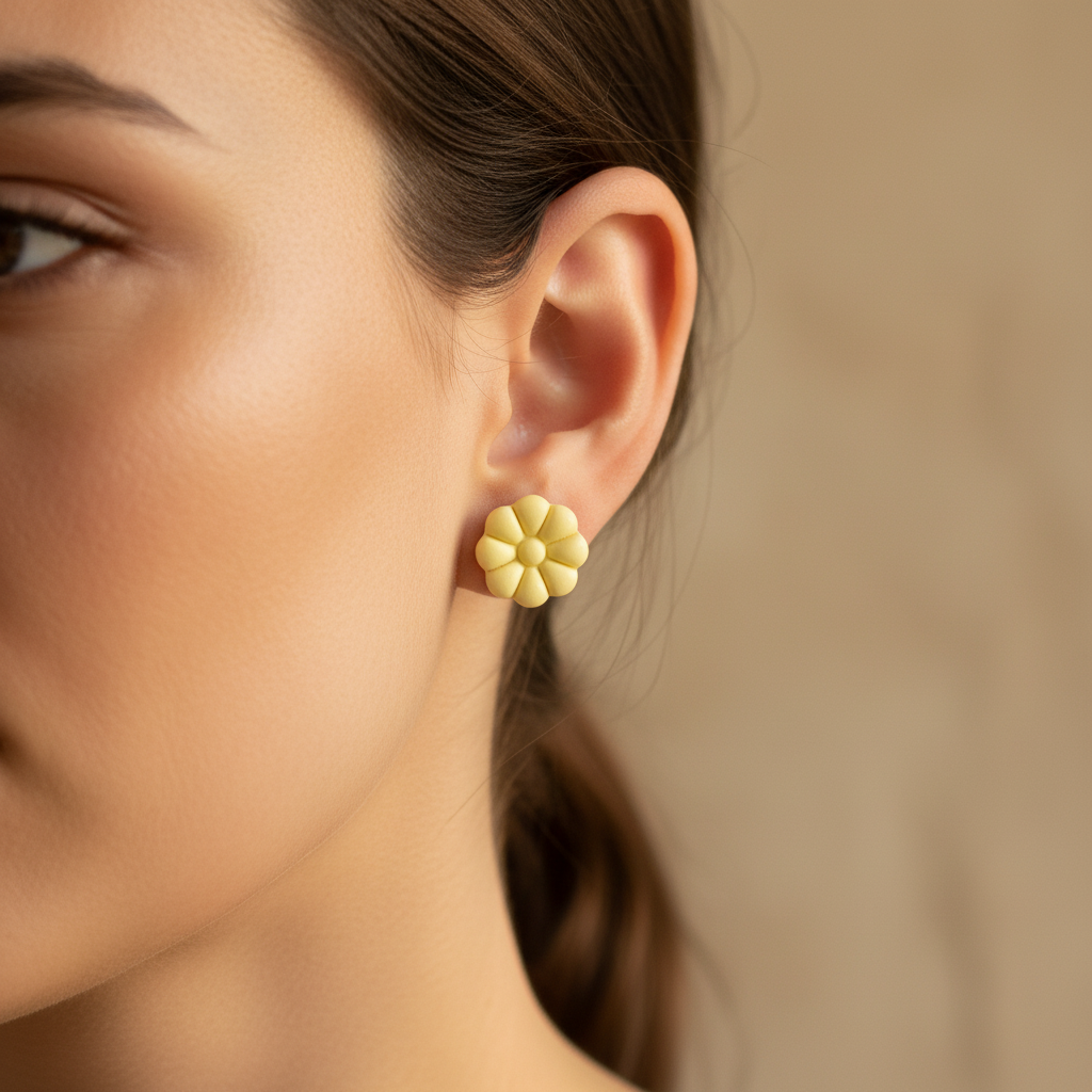Woman wearing Dahlia Studs in Lemon Grass, soft buttery lemon yellow polymer clay 8-petal dahlia flower studs, handcrafted in New Zealand by Crafty Larder