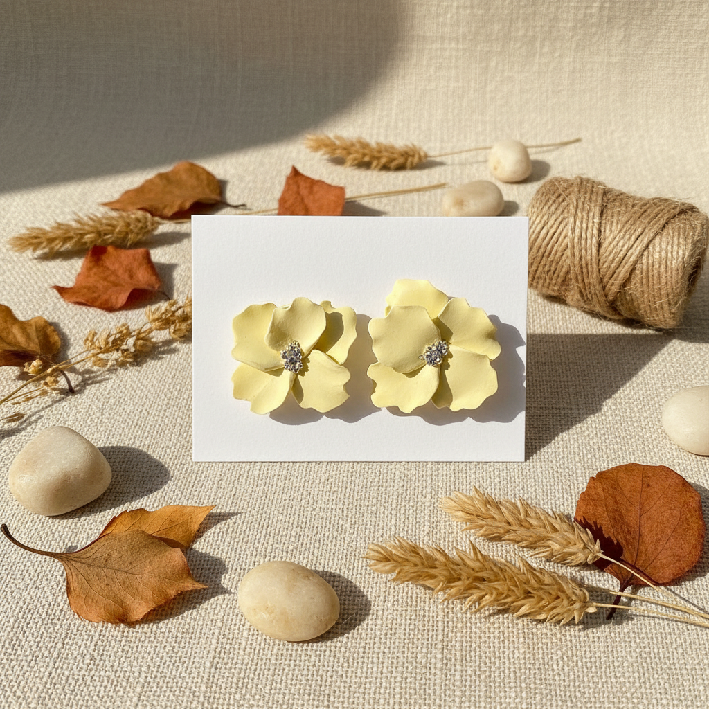 Autumn Petal Studs in Lemon Grass — handmade polymer clay floral stud earrings with silver stamen, displayed on white card with autumn botanical styling