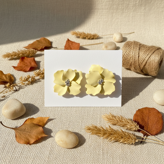 Autumn Petal Studs in Lemon Grass — handmade polymer clay floral stud earrings with silver stamen, displayed on white card with autumn botanical styling