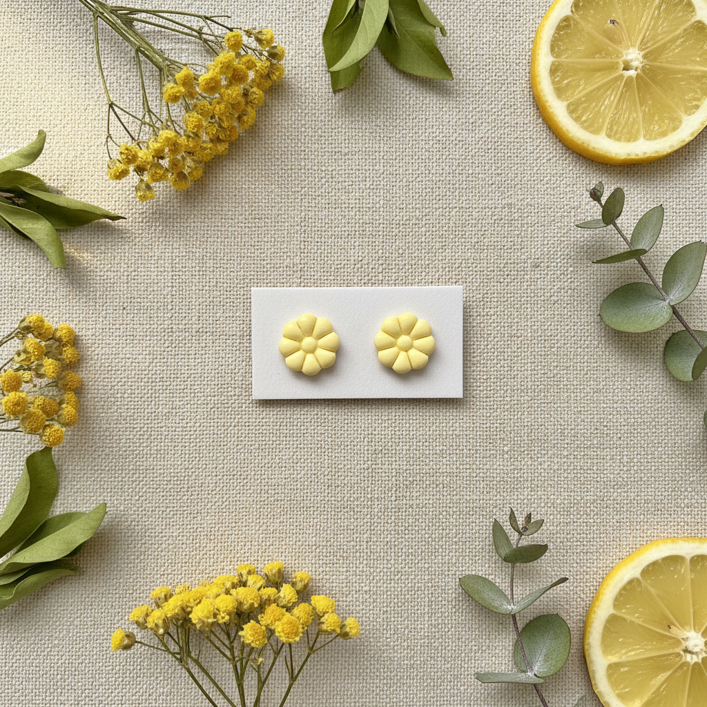 ahlia Studs in Lemon Grass — handmade polymer clay 8-petal dahlia flower stud earrings, displayed on white card with fresh yellow botanical styling, handcrafted in New Zealand by Crafty Larder