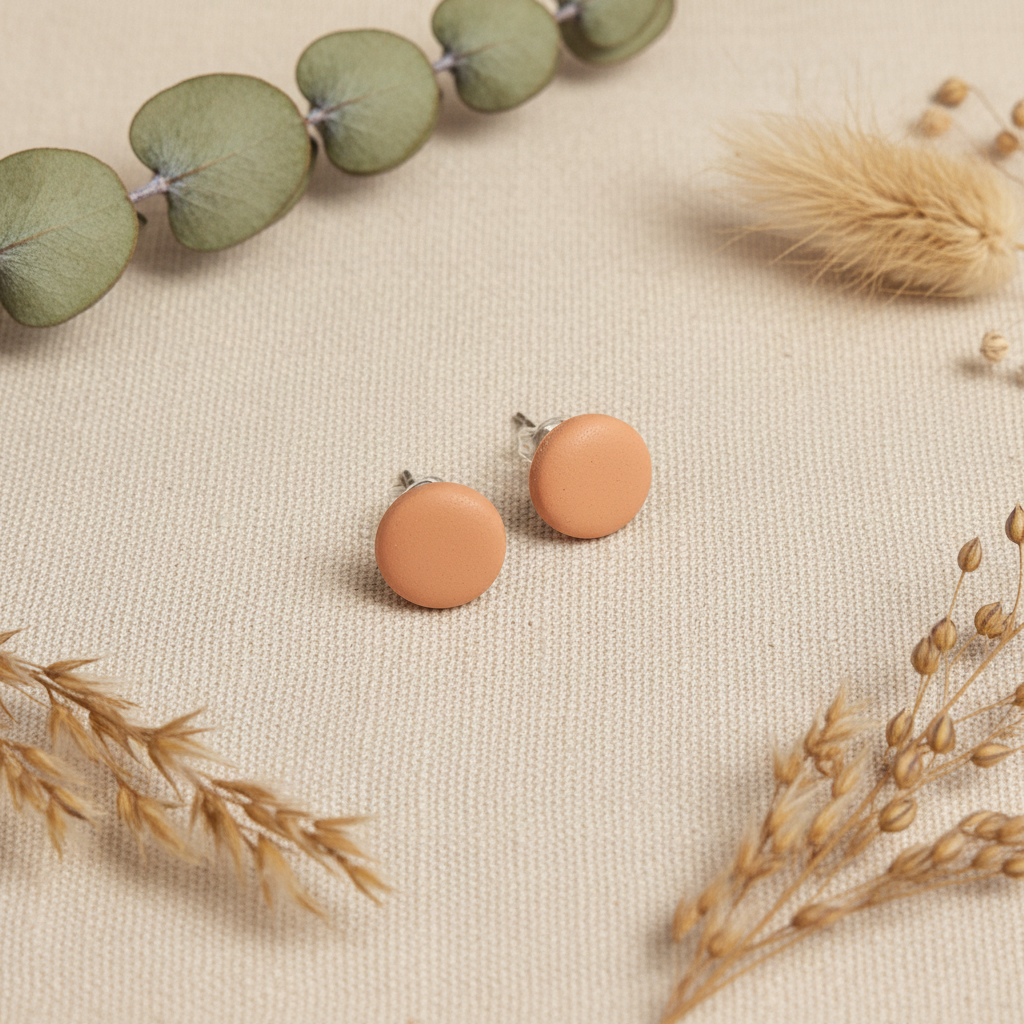 "Handmade polymer clay light terracotta stud earrings in warm peach matte finish"