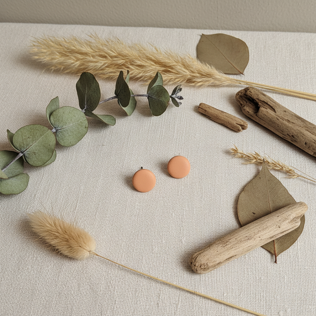 "Handmade polymer clay light terracotta stud earrings in warm peach matte finish"