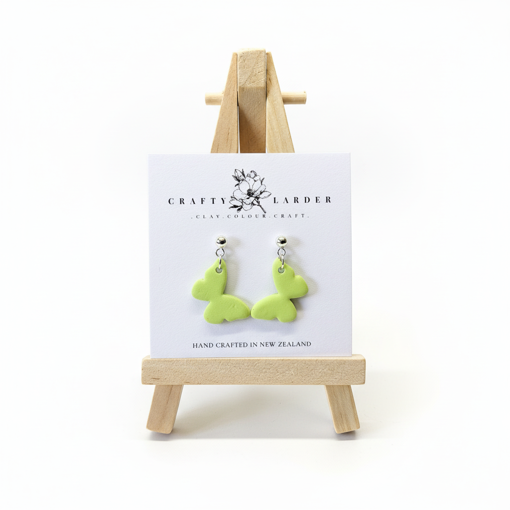  "Lime green butterfly dangle earrings on Crafty Larder card"