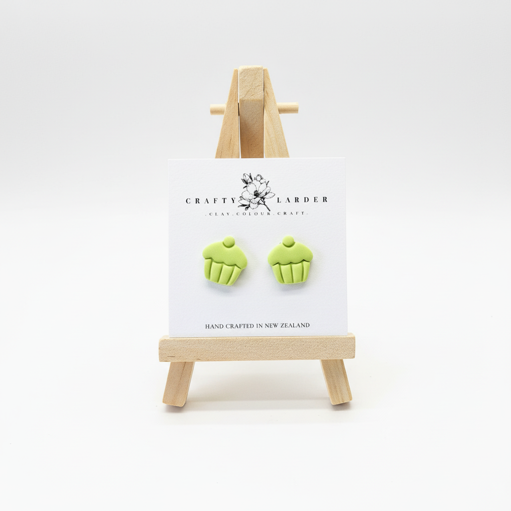 "Lime green cupcake stud earrings on Crafty Larder card"