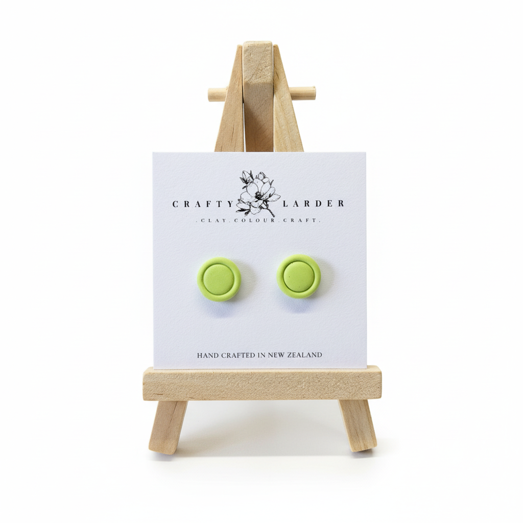 "Lime green round button stud earrings on Crafty Larder card"