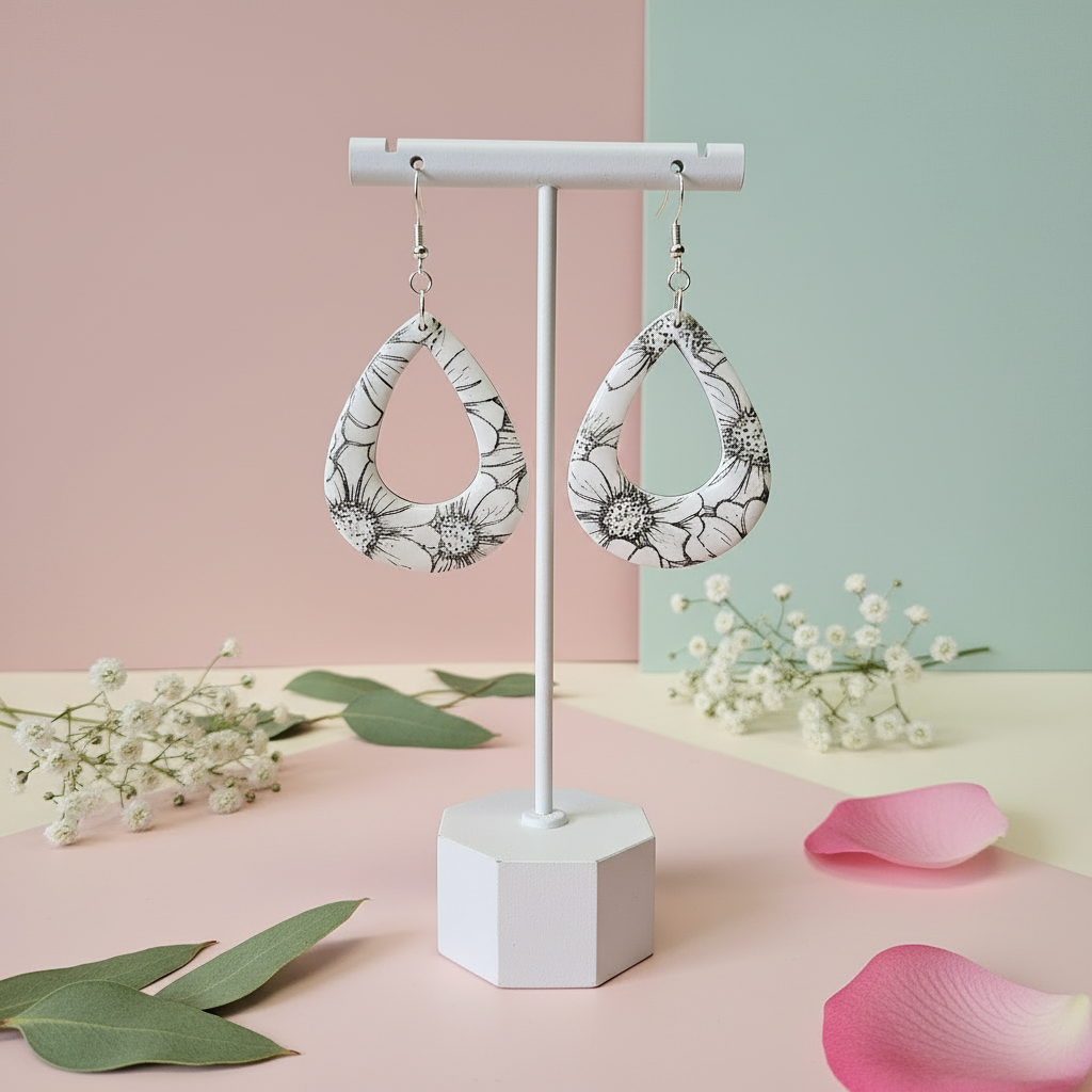  "White polymer clay teardrop earrings with black line art daisy flower pattern and silver hooks"