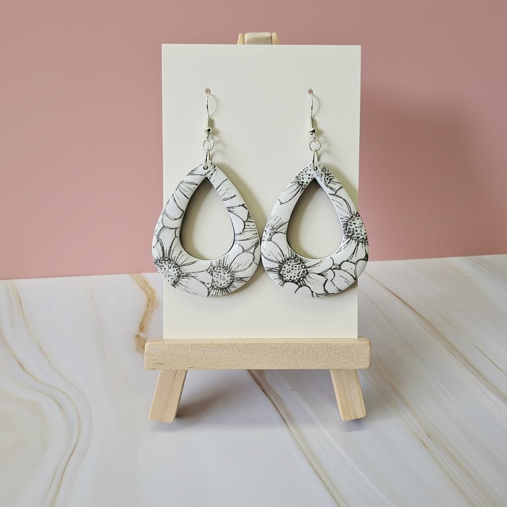 "White polymer clay teardrop earrings with black line art daisy flower pattern and silver hooks"