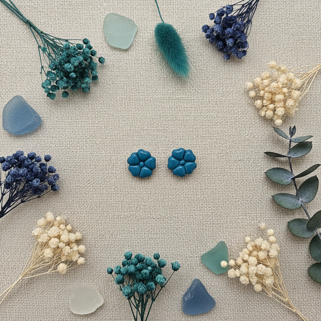 Blossom Studs in Lyons Blue flat lay with dried teal flowers and dusty blue eucalyptus on cool linen, handmade polymer clay earrings from Crafty Larder's Harvest & Dusk Collection