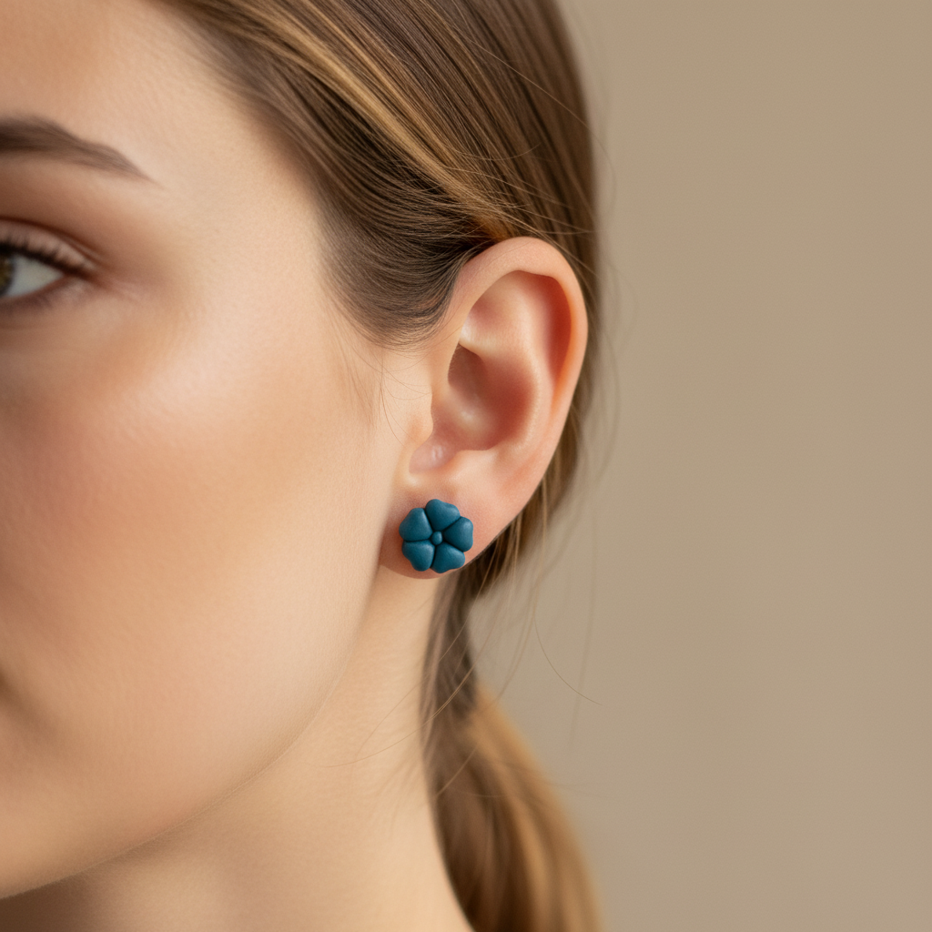 Woman wearing Blossom Studs in Lyons Blue, rich teal blue polymer clay 5-petal flower studs, handcrafted in New Zealand by Crafty Larder