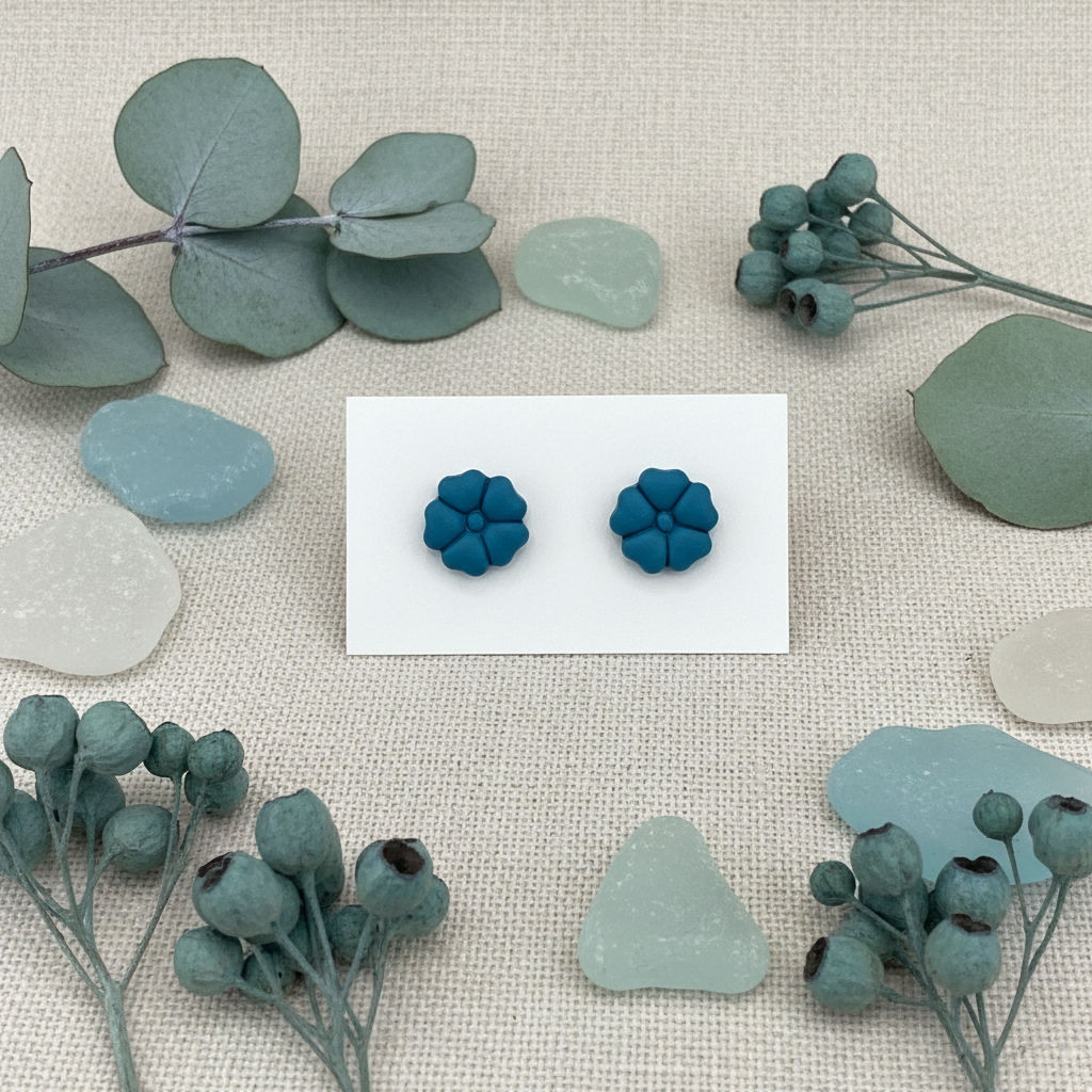 Blossom Studs in Lyons Blue — handmade polymer clay 5-petal flower stud earrings, displayed on white card with coastal teal botanical styling, handcrafted in New Zealand by Crafty Larder