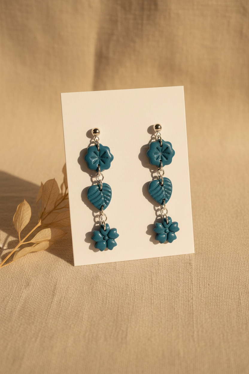 Handmade polymer clay Botanical Trio Earrings in Lyons Blue — rich teal-blue three-tier flower, leaf & flower drop earrings on a plain white jewellery card with dried botanical stem