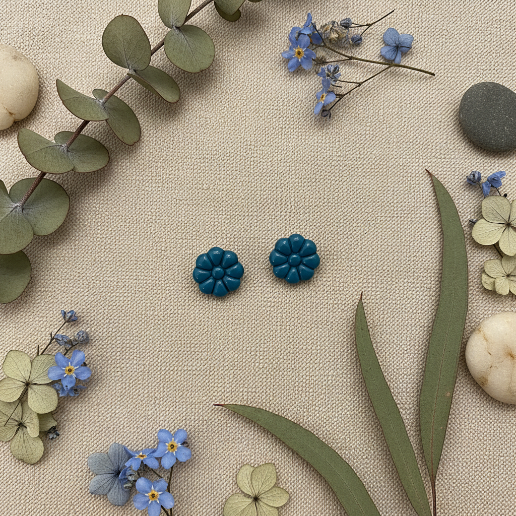Dahlia Studs in Lyons Blue flat lay with dried blue flowers and eucalyptus on warm linen, handmade polymer clay earrings from Crafty Larder's Harvest & Dusk Collection