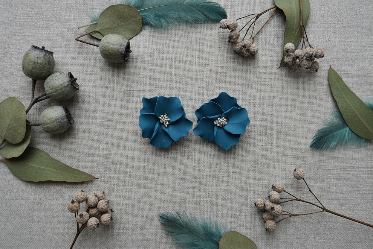 Autumn Petal Studs in Lyons Blue flat lay with dried eucalyptus and winter botanicals on grey linen, handmade polymer clay earrings from Crafty Larder's Harvest & Dusk Collection