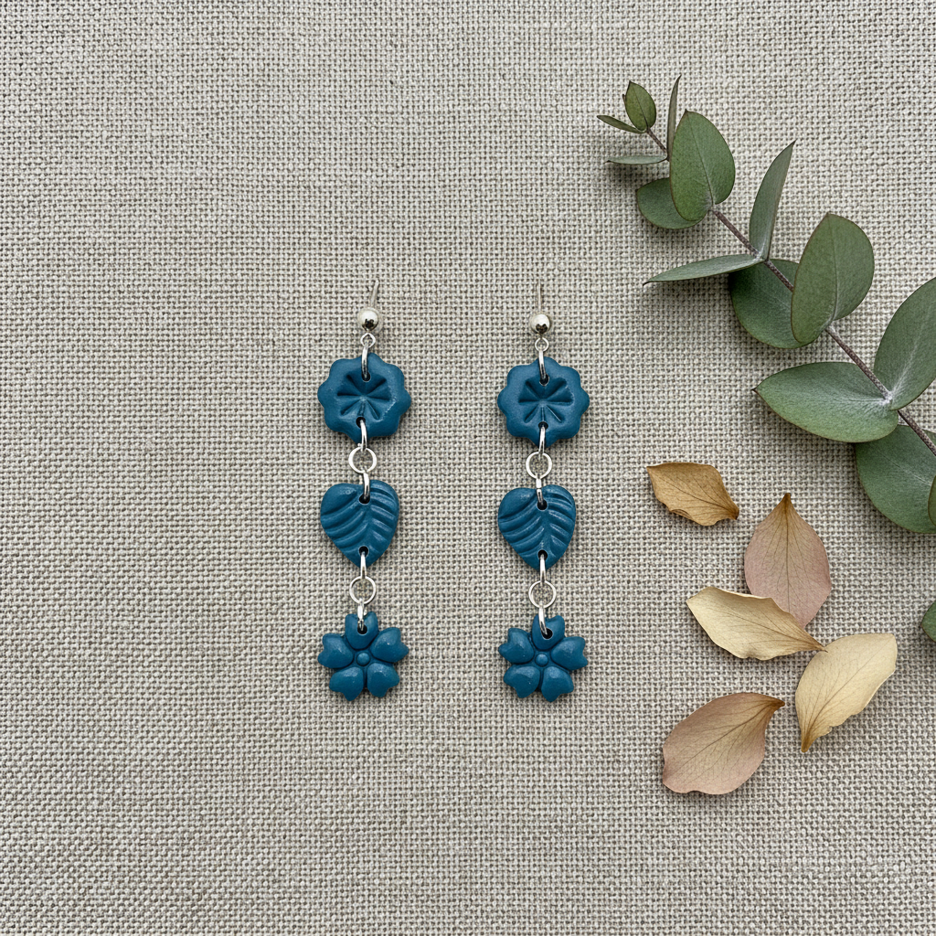 Flat lay of Crafty Larder Botanical Trio Earrings in Lyons Blue on warm grey linen with eucalyptus — handmade polymer clay three-tier flower, leaf & flower drop earrings in rich teal-blue