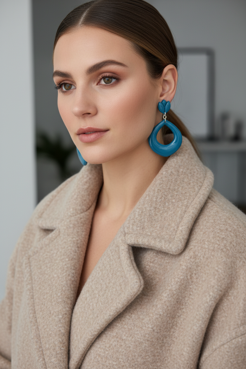 Model wearing Crafty Larder Tulip Loop Earrings in Lyons Blue — handmade polymer clay dangle earrings in rich teal-blue, styled with a cosy autumn winter knit