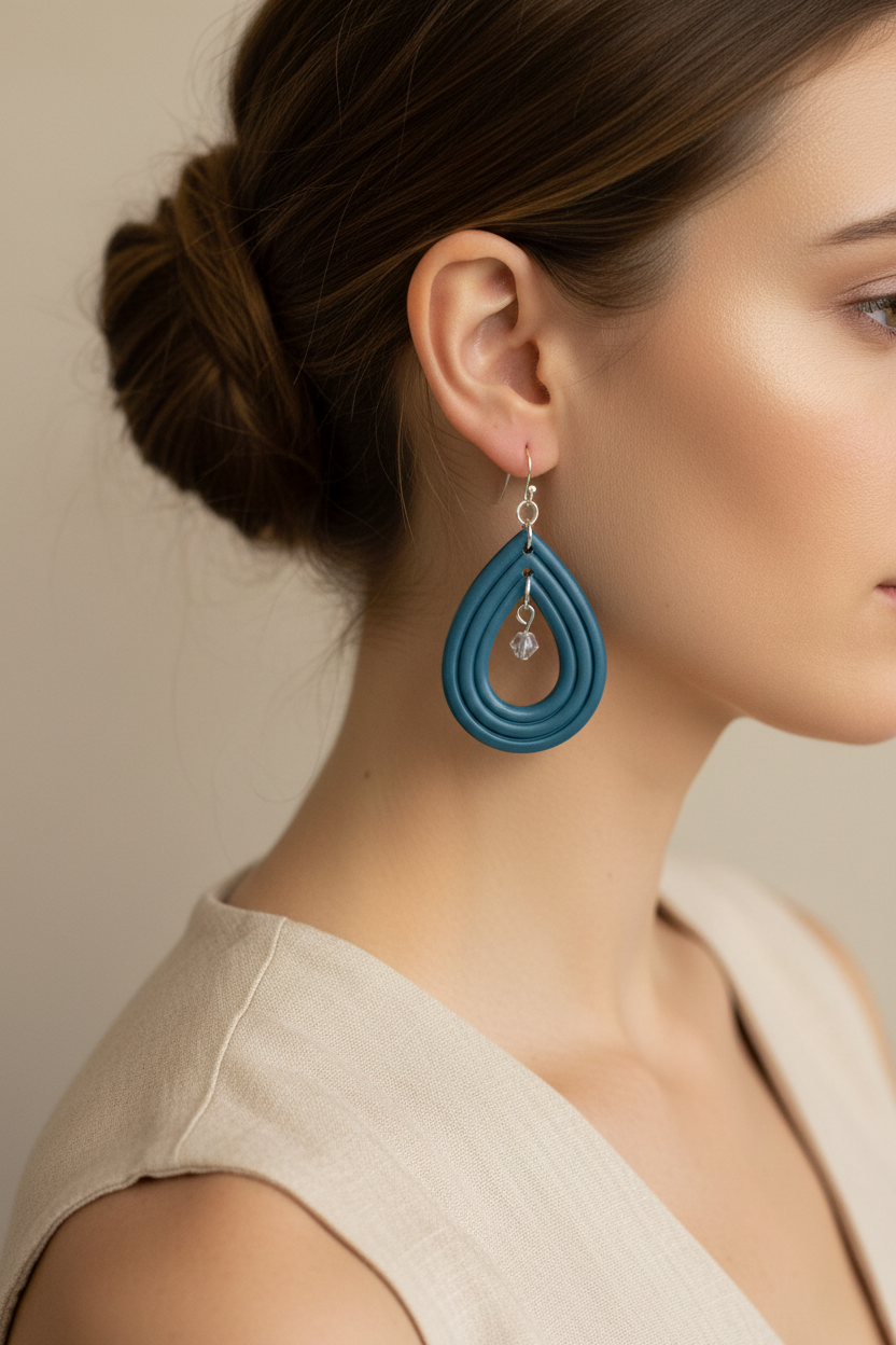 Side profile of model wearing Crafty Larder Raindrop Crystal Earrings in Lyons Blue — handmade polymer clay open teardrop hoop earrings with crystal bead in muted teal-blue, hair up showing full earring