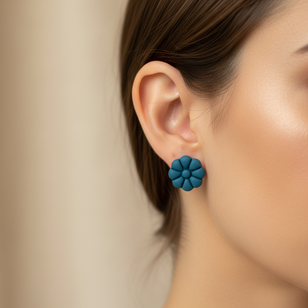 Woman wearing Dahlia Studs in Lyons Blue, deep teal blue polymer clay 8-petal dahlia flower studs, handcrafted in New Zealand by Crafty Larder