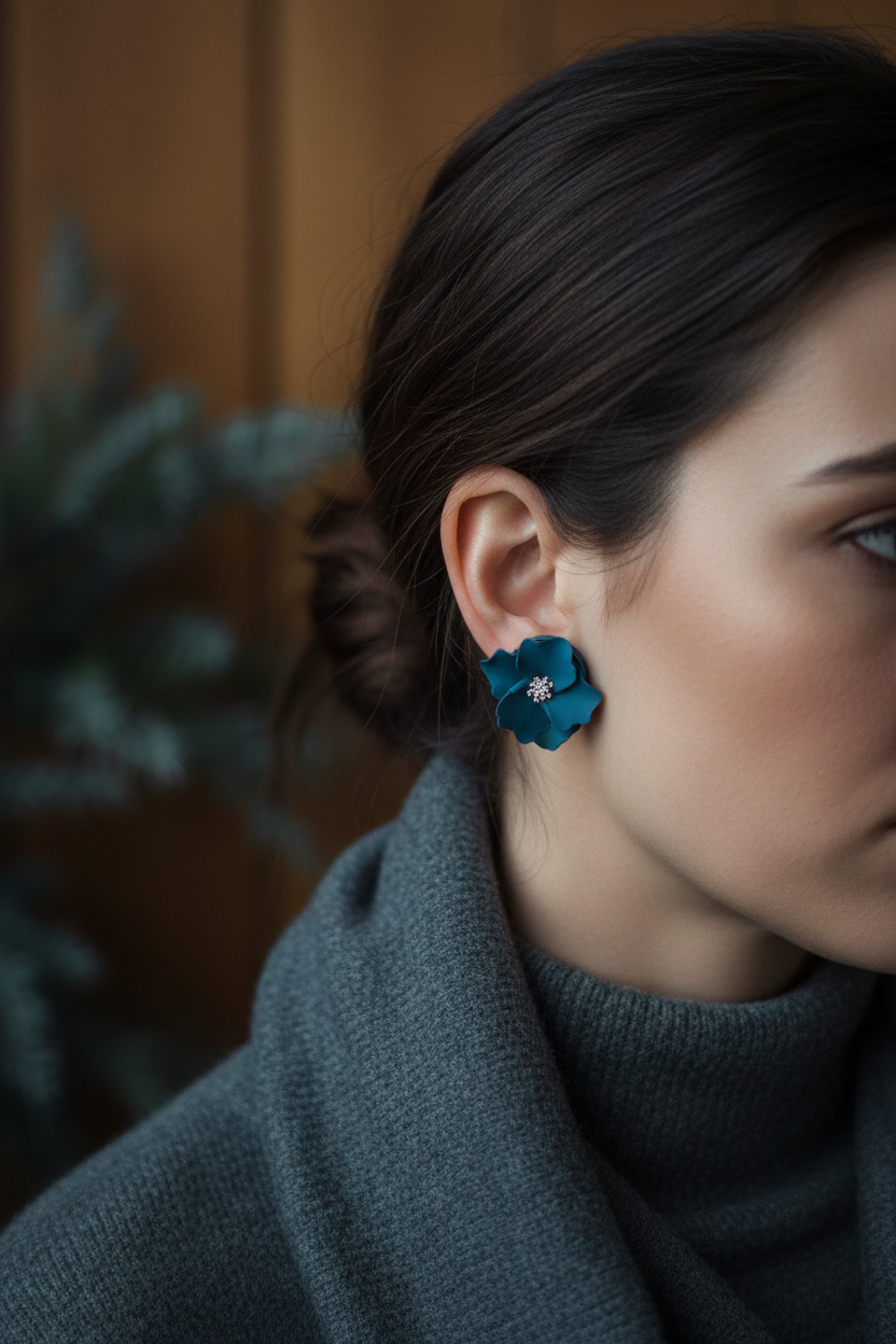 Woman wearing Autumn Petal Studs in Lyons Blue teal, large polymer clay floral studs with silver centre, handcrafted in New Zealand