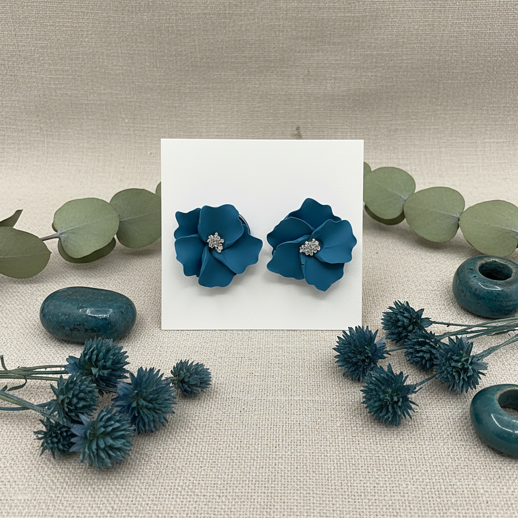 Autumn Petal Studs in Lyons Blue — handmade polymer clay floral stud earrings with silver stamen, displayed on white card with eucalyptus botanical styling
