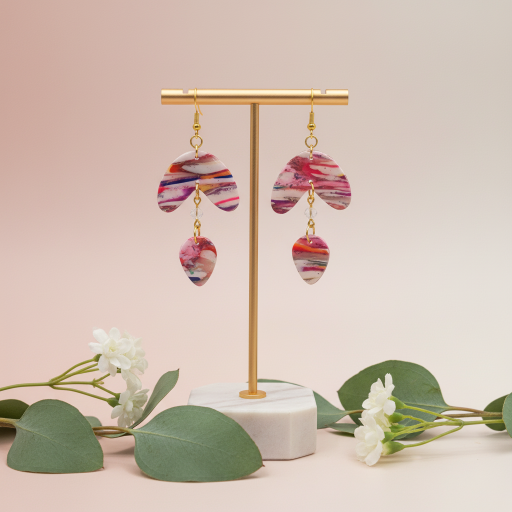  "Handmade polymer clay marble arc drop earrings with pink coral orange striped pattern and gold chain connectors"