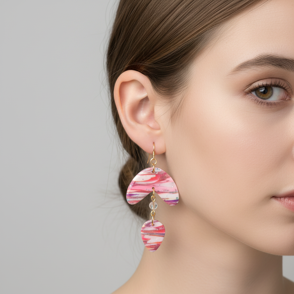  "Handmade polymer clay marble arc drop earrings with pink coral orange striped pattern and gold chain connectors"