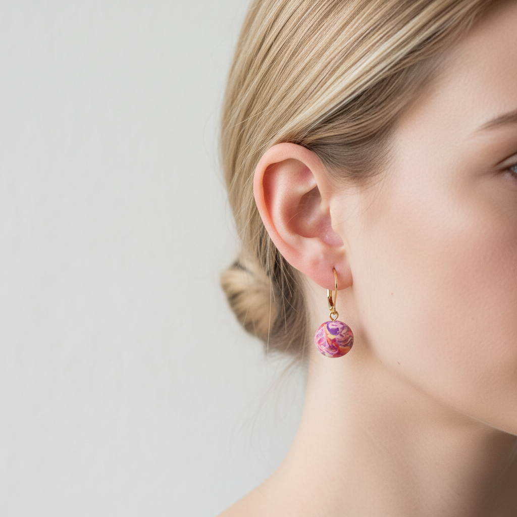 "Handmade polymer clay marble bead huggie earrings with pink coral purple round charms and gold hoops"