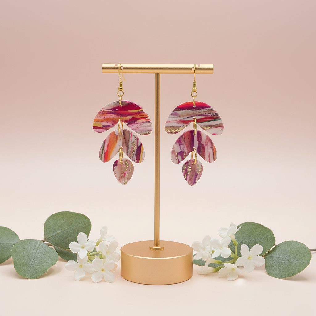 "Handmade polymer clay marble cascade dangle earrings with pink coral purple pattern, cascading leaf shapes and gold ring connectors"