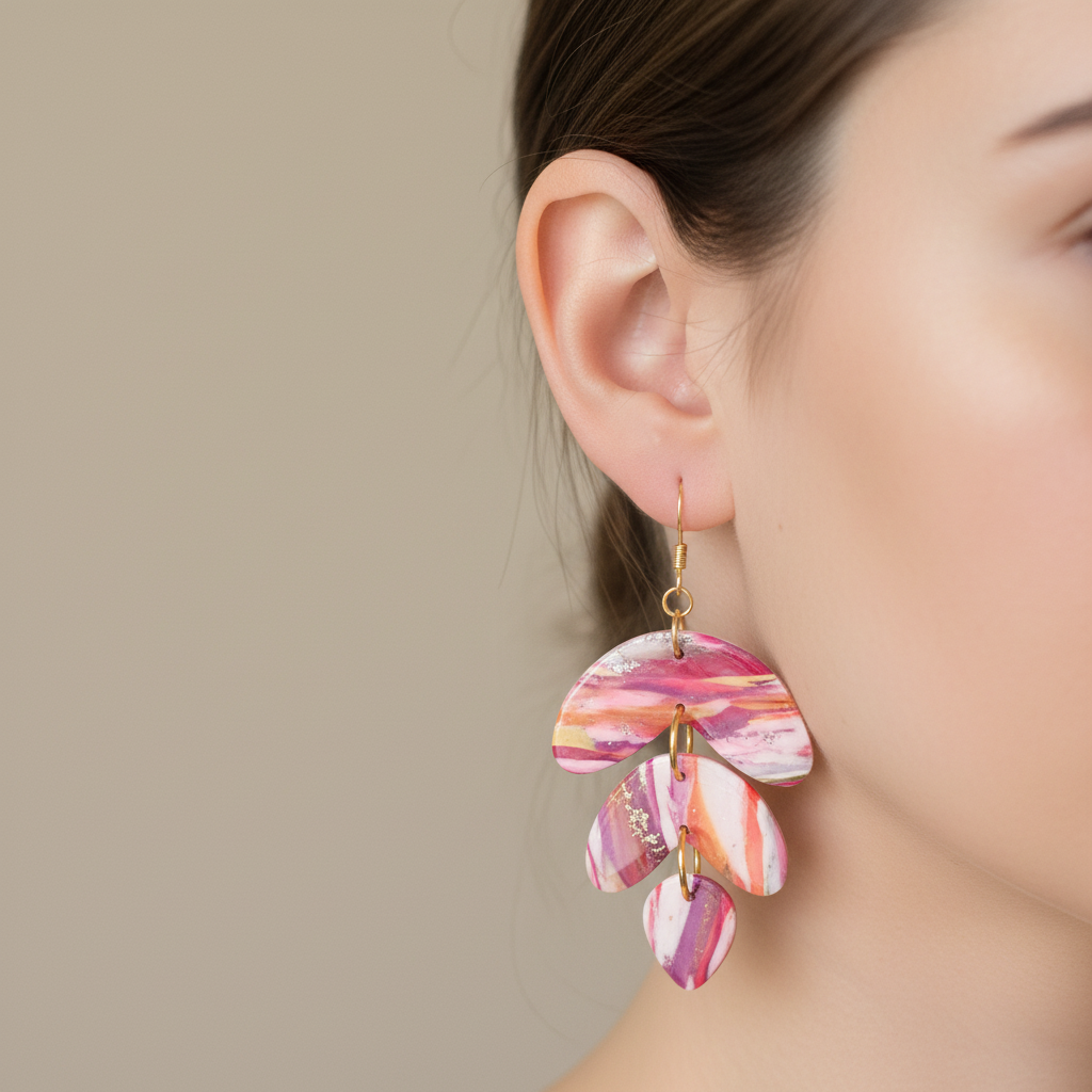 "Handmade polymer clay marble cascade dangle earrings with pink coral purple pattern, cascading leaf shapes and gold ring connectors"