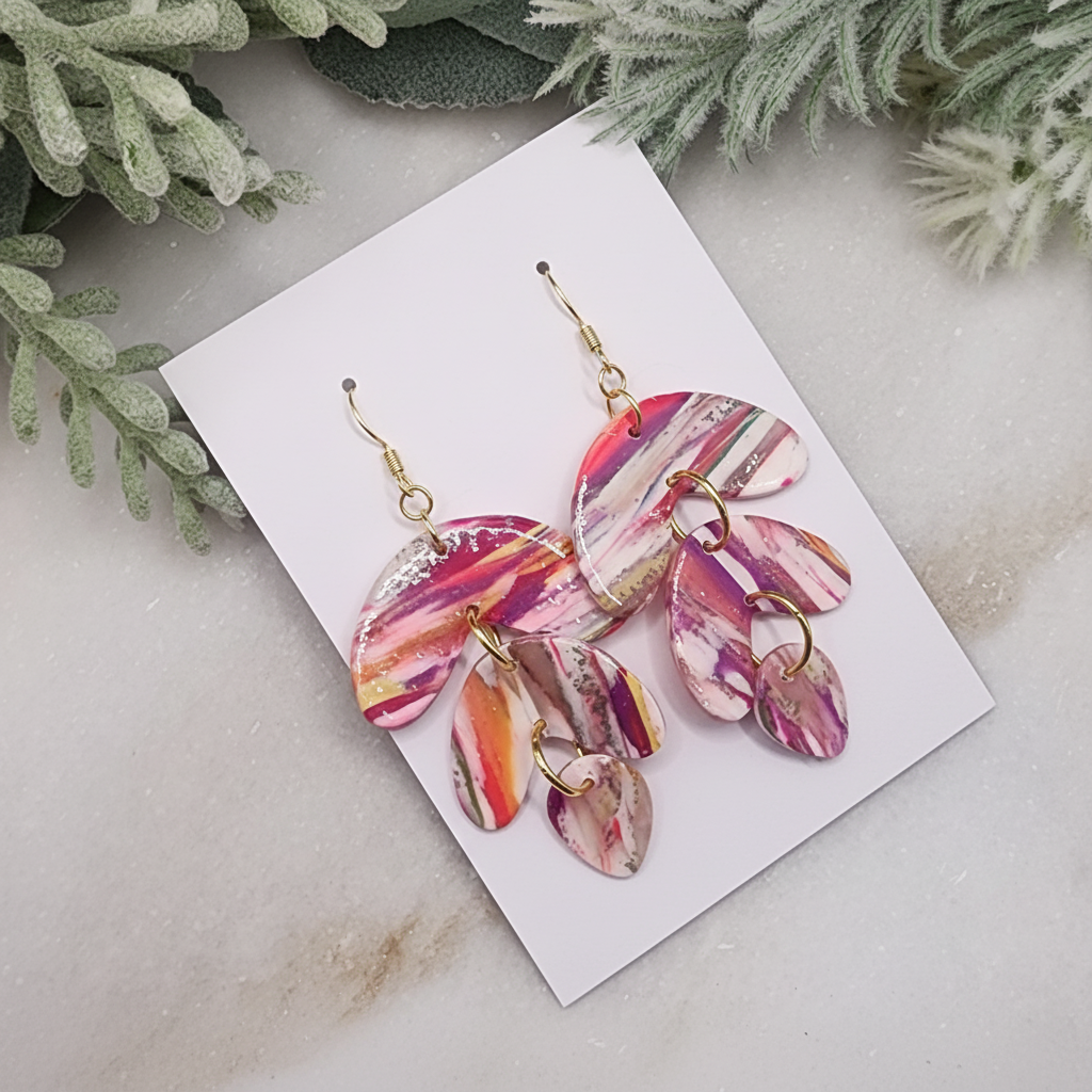 "Handmade polymer clay marble cascade dangle earrings with pink coral purple pattern, cascading leaf shapes and gold ring connectors"