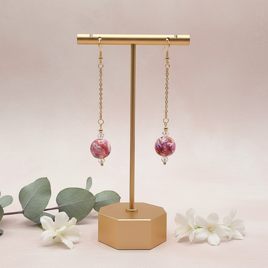  "Handmade polymer clay marble crystal chain drop earrings with pink coral purple round beads, clear crystal accents and gold chain"