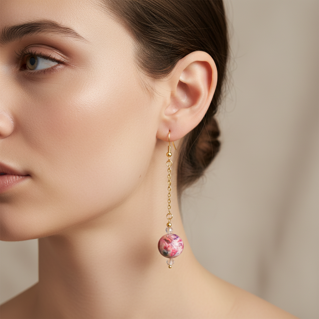  "Handmade polymer clay marble crystal chain drop earrings with pink coral purple round beads, clear crystal accents and gold chain"
