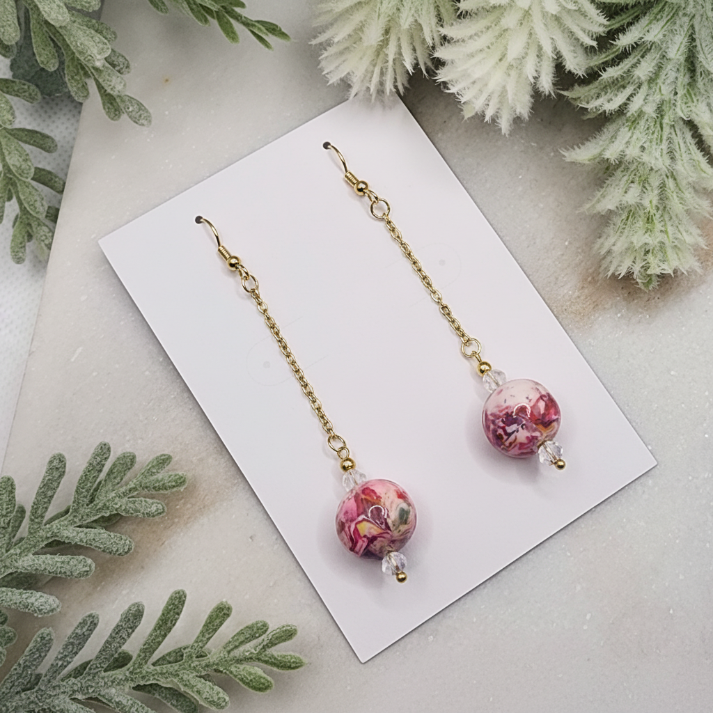  "Handmade polymer clay marble crystal chain drop earrings with pink coral purple round beads, clear crystal accents and gold chain"