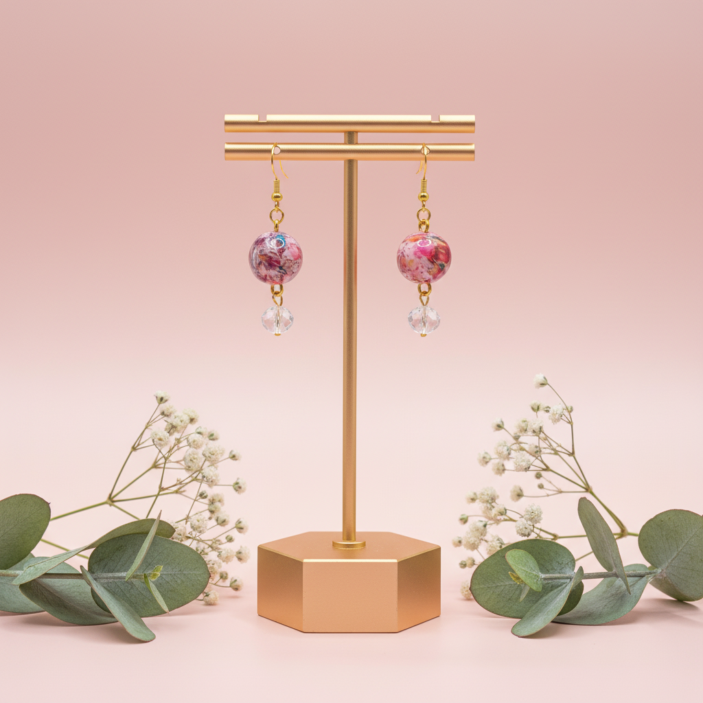 "Handmade polymer clay marble crystal drop earrings with pink coral purple round beads, clear crystal accents and gold connectors"