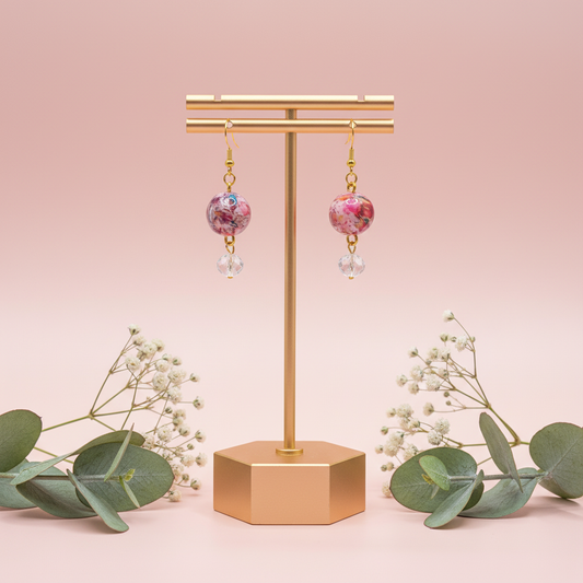 "Handmade polymer clay marble crystal drop earrings with pink coral purple round beads, clear crystal accents and gold connectors"