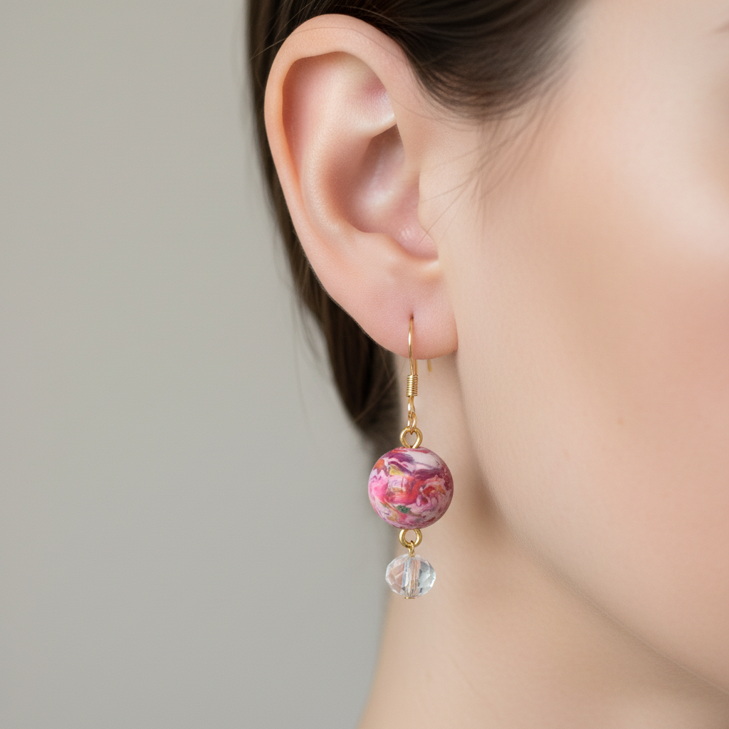"Handmade polymer clay marble crystal drop earrings with pink coral purple round beads, clear crystal accents and gold connectors"