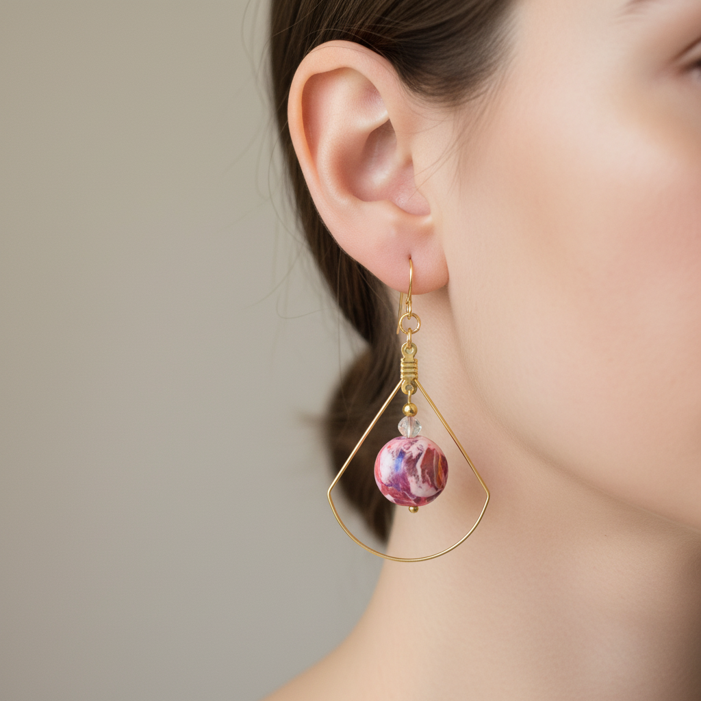 "Handmade polymer clay marble crystal duo dangle earrings with pink coral purple round beads inside gold teardrop frames and crystal accents"
