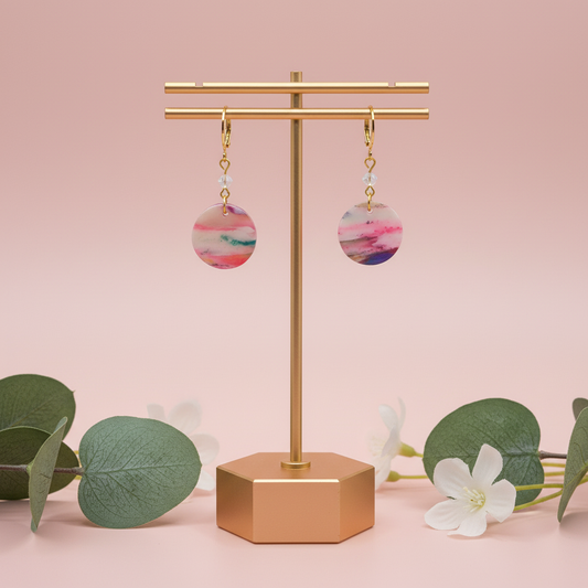 "Handmade polymer clay marble huggie earrings with pink coral purple round disc charms, crystal beads and gold connectors"