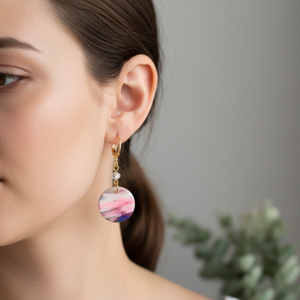  "Handmade polymer clay marble huggie earrings with pink coral purple round disc charms, crystal beads and gold connectors"