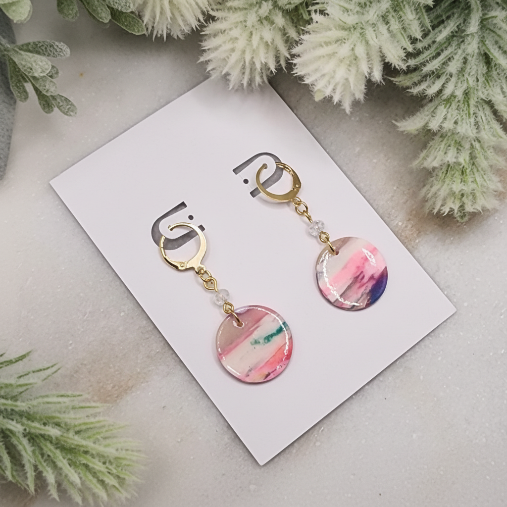  "Handmade polymer clay marble huggie earrings with pink coral purple round disc charms, crystal beads and gold connectors"