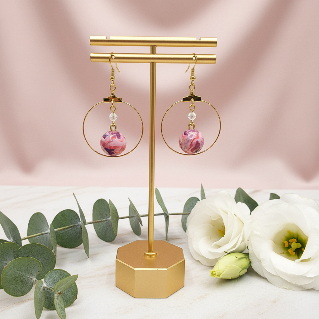 "Handmade polymer clay marble crystal round dangle earrings with pink coral purple beads inside gold hoops and crystal accents"