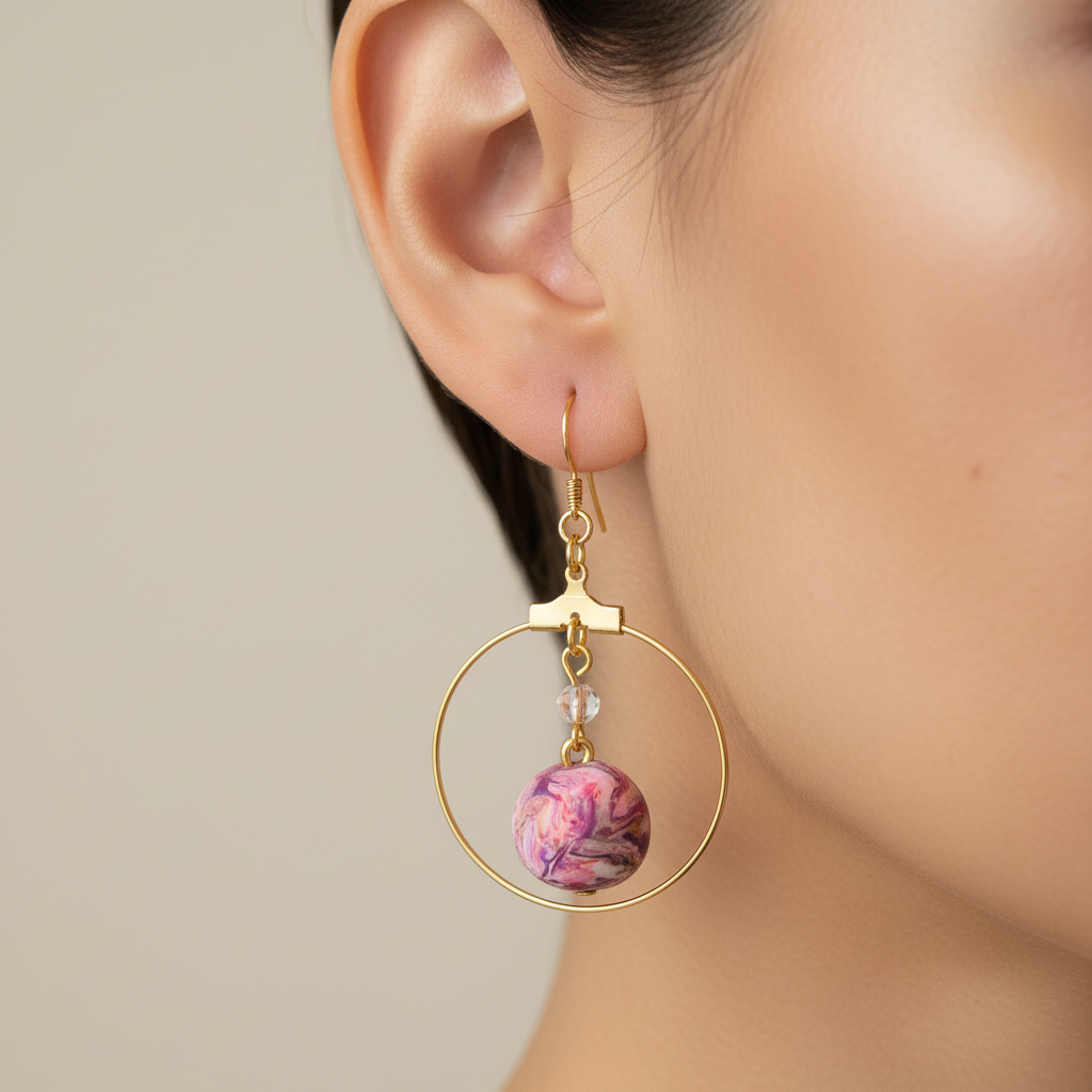 "Handmade polymer clay marble crystal round dangle earrings with pink coral purple beads inside gold hoops and crystal accents"