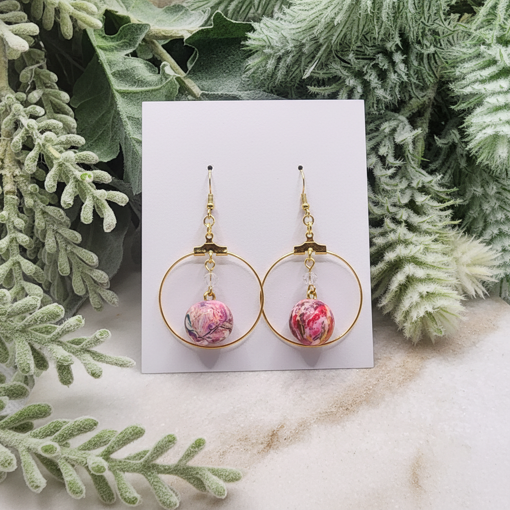 "Handmade polymer clay marble crystal round dangle earrings with pink coral purple beads inside gold hoops and crystal accents"