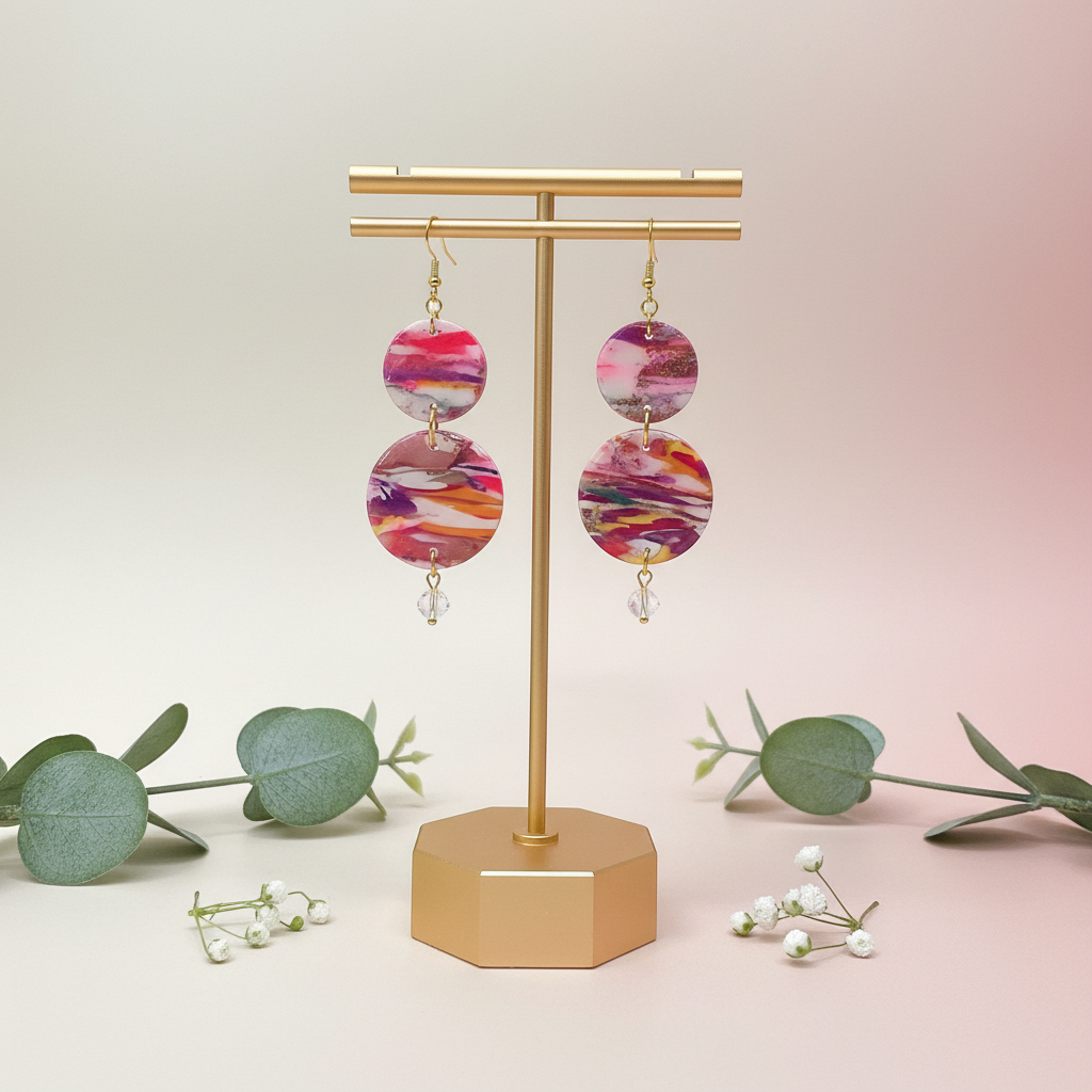 "Handmade polymer clay marble dangle earrings with pink purple orange swirl pattern, gold connectors and crystal drops"
