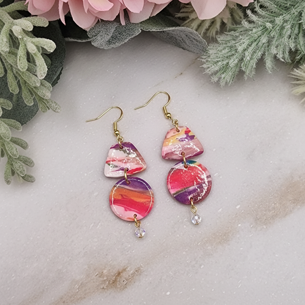 "Handmade polymer clay marble dangle earrings with pink purple orange swirl pattern, gold connectors and crystal drops"