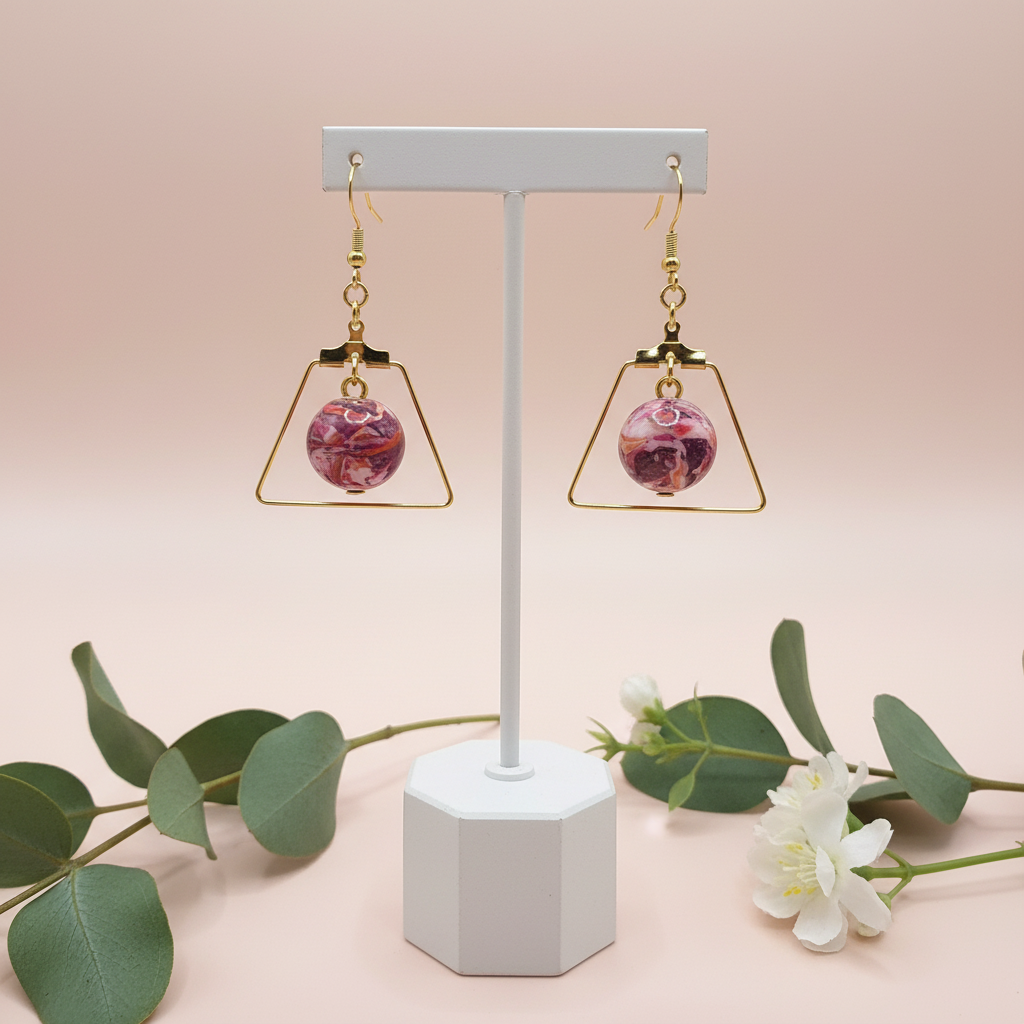  "Handmade polymer clay marble edge earrings with pink coral purple round beads inside gold triangle frames"